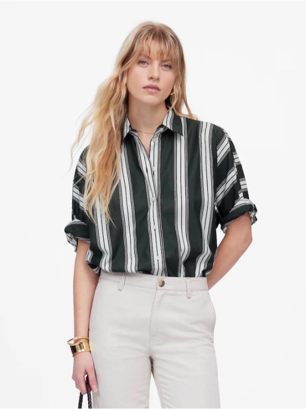 Madewell Relaxed Oversized Button Up Shirt Women’s Medium Green Stripe NU479